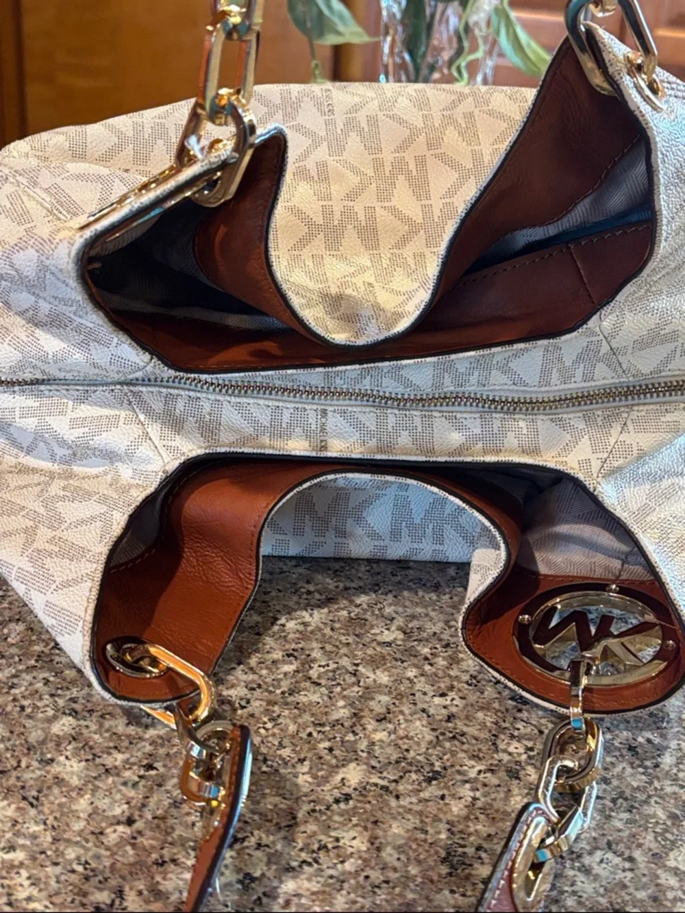 Michael Kors Fulton Large Chain Shoulder Tote in a vanilla MK pattern with Brown - Picture 13 of 17